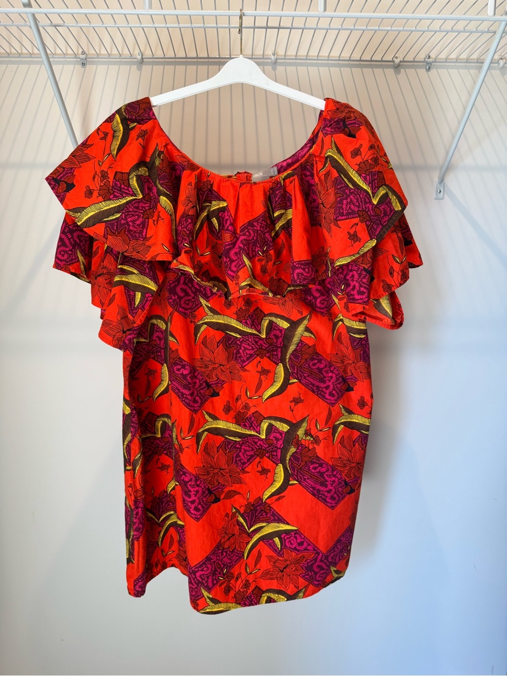 ASOS Orange & Purple Off-Shoulder Ruffle Tropical Print Dress - Sz 20